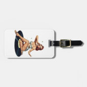 Button herauf das Mädchen, das auf Aufzeichnung Gepäckanhänger (Vorderseite horizontal)