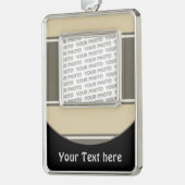 Button RETRO STRIPES + Ihr Foto & Text Rahmen-Ornament Silber (Links)