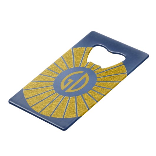 BUTTON ROUND RAYS Gold + Ihr Monogramm Kreditkartenflaschenöffner (Rückseite Schrägansicht)