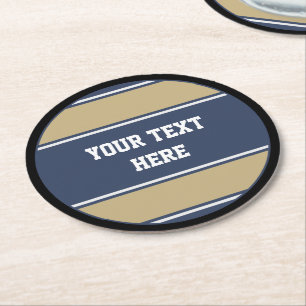 BUTTON ROUND Streifen blau beige grau + Ihr Text Runder Pappuntersetzer