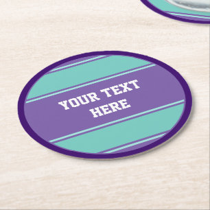 BUTTON ROUND Streifen violett cyan + Ihr Text Runder Pappuntersetzer
