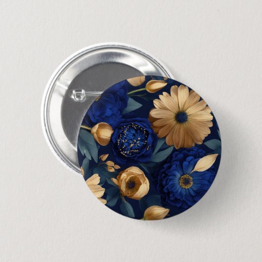 Button."Royal Indigo Florals: Luxuriös dunkelblau Button (Vorne & Hinten)