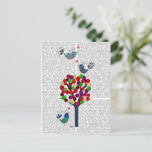 Button Tree und Birds Blue Postkarte (Stehend Vorderseite)