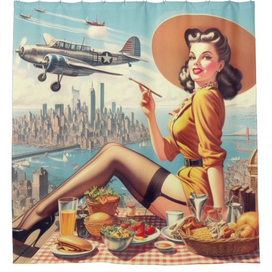 Button-up-Abbildung für Retro-Flugzeuge Duschvorhang (Vorderseite)