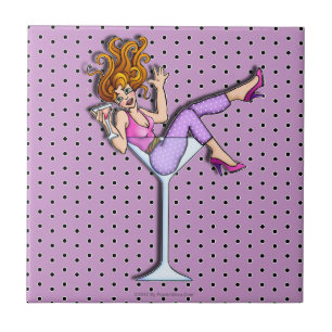 Button-up Girl in einem Martini-Untersetzer (rot) Fliese