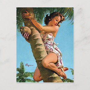 Button-up-Mädchen mit Kokosnuss in Palme Vintag Postkarte