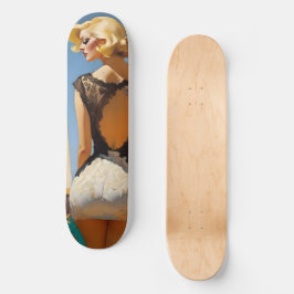 Button Up Style Blonde Girl in Vintag Lacy Lingeri Skateboard