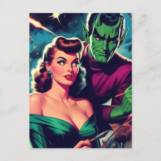 Button zur Retro-Science Fiction Postkarte (Vorderseite)