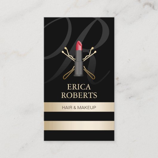 Buttone & Lipstick Gold Streifen Schönheitssalon Terminkarte (Vorderseite)