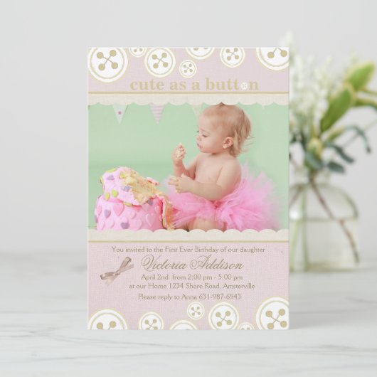 Buttons 'n Bows Foto Einladung (Stehend Vorderseite)