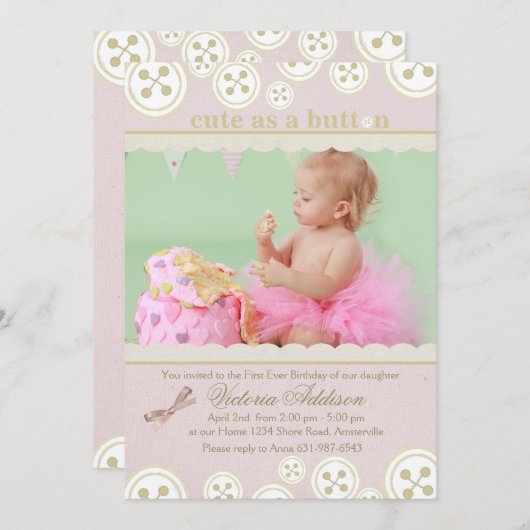 Buttons 'n Bows Foto Einladung (Vorne/Hinten)