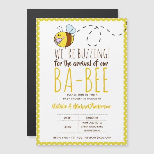 BUZING FÜR DIE ANKUNFT VON BA BEE Baby Shower Gelb Magneteinladung (Vorne/Hinten)