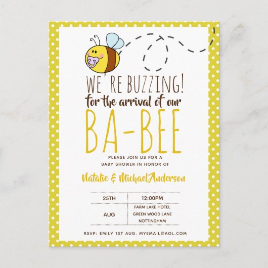 BUZING FÜR DIE ANKUNFT VON BA BEE Baby Shower Gelb Postkarte (Vorderseite)