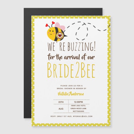 BUZING FÜR DIE ANKUNFT VON BRIDE2BEE-Brautparty-Bi Magneteinladung (Vorne/Hinten)