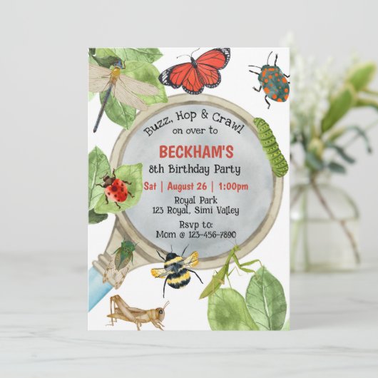 Buzz Hop Crawl, Bug Party, beliebiges Alter, Natur Einladung (Stehend Vorderseite)