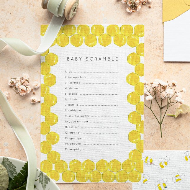 Buzzing Bees Baby ABCs Baby Shower Game (Yellow watercolor bees and honeycomb Baby Shower word scramble game sheets.)