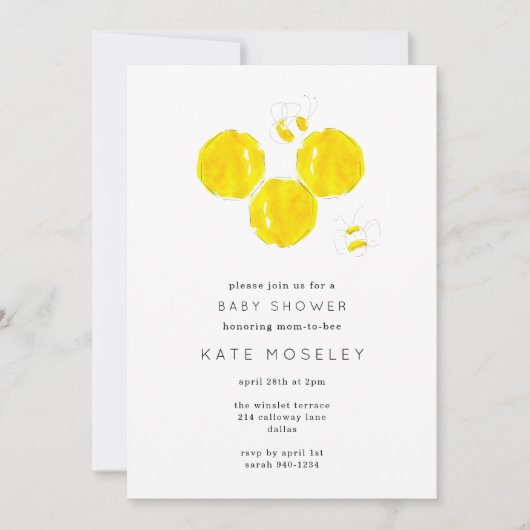 Buzzing BeeYellow Watercolor Honeycomb Babydusche Einladung (Vorderseite)