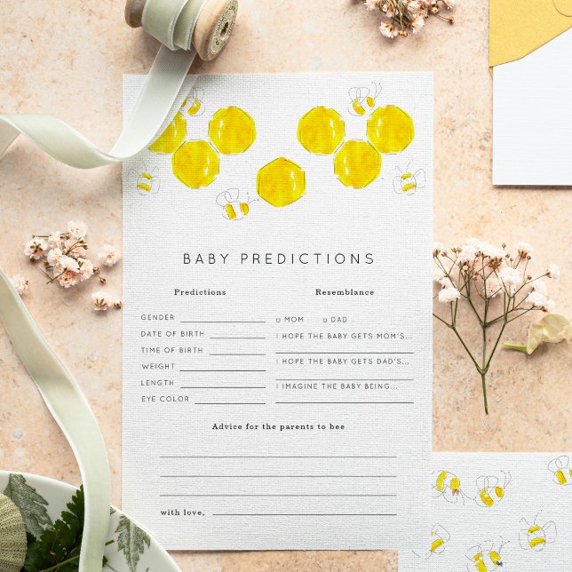 Buzzing Bienen Baby Predictions Baby Shower Game (Yellow watercolor bees and honeycomb Baby Shower baby predictions game sheets.)