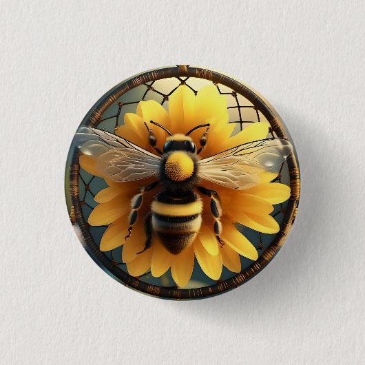 "Buzzing Dreams: Sonnenblumen Bee Dreamcatcher" Button (Vorderseite)