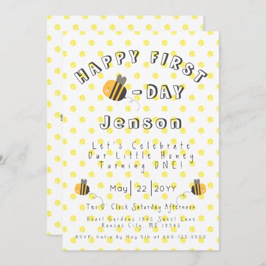 Buzzing mit Honey Bee First Birthday Einladung (Vorne/Hinten)