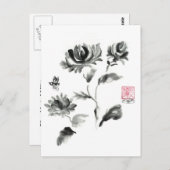 Buzzz, Sumi-e-Rose mit Biene Postkarte (Vorne/Hinten)