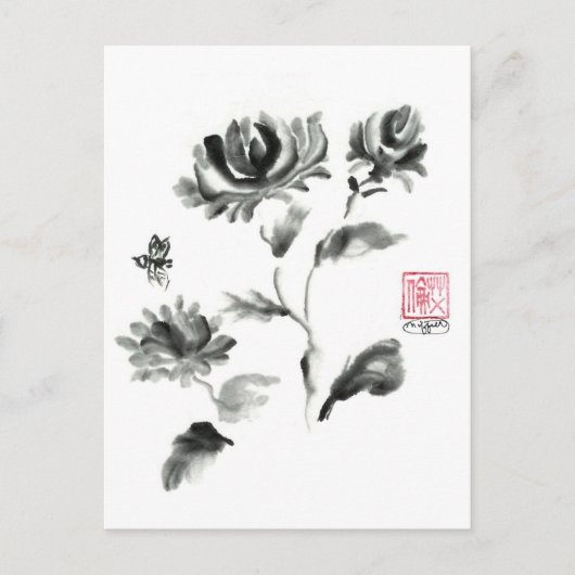 Buzzz, Sumi-e-Rose mit Biene Postkarte (Vorderseite)
