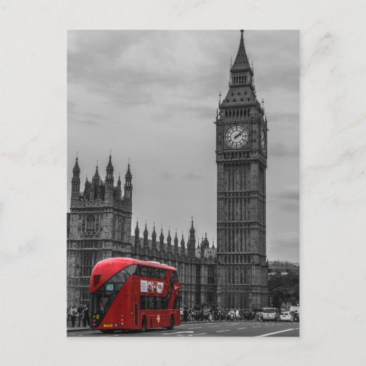 BW Black & White London Red Bus & Big Ben Postkarte (Vorderseite)