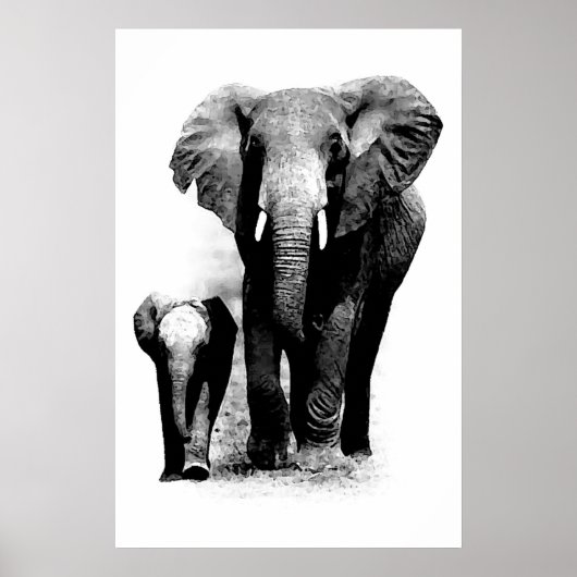 BW Elephant & Baby Elephant Poster (Vorne)