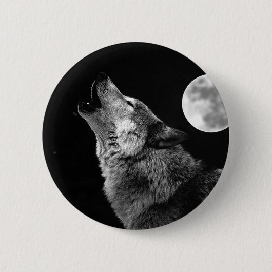 BW Wolf Howling auf dem Mond Button (Vorderseite)