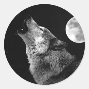 BW Wolf Howling auf dem Mond Runder Aufkleber