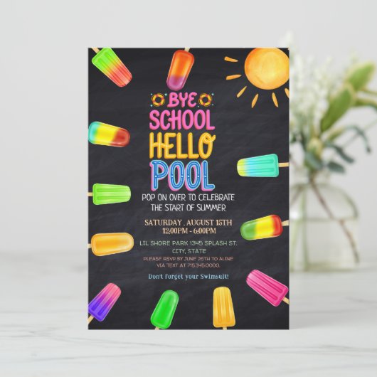 Bye school hello pool Party Einladung (Stehend Vorderseite)