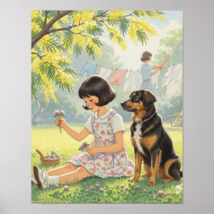 Bygone Days - Girl Mother and Dog Poster