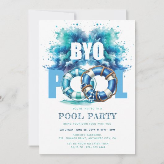BYO Pool Party Blau Türkis Wasser plash Einladung (Vorderseite)