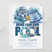 BYO Pool Summer Party Blue Türkis Wasserfarbe Einladung (Vorderseite)
