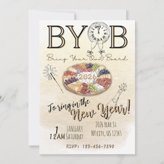 BYOB Charcuterie Board New Years Eve Party Invite Einladung (Vorderseite)