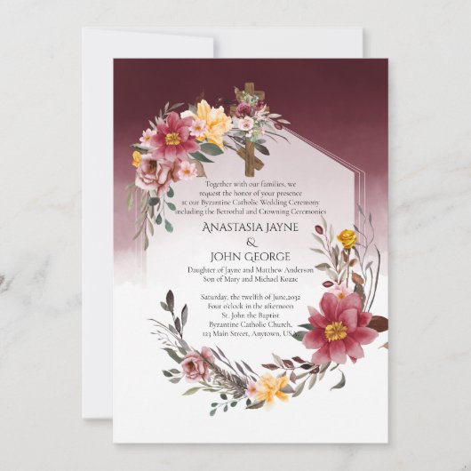 BYZANTINE Betrothal Crowning Wedding Floral Cross Einladung (Vorderseite)