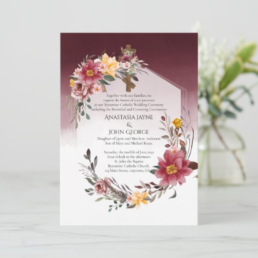 BYZANTINE Betrothal Crowning Wedding Floral Cross Einladung (Stehend Vorderseite)