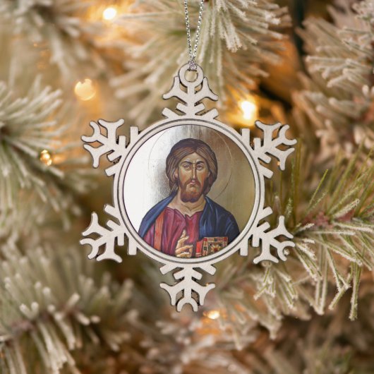 Byzantinische Ikone von Christus Pantocrator Schneeflocken Zinn-Ornament (Baum)