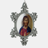 Byzantinische Ikone von Christus Pantocrator Schneeflocken Zinn-Ornament (Links)