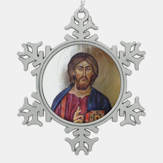 Byzantinische Ikone von Christus Pantocrator Schneeflocken Zinn-Ornament (Vorderseite)