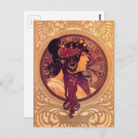 Byzantinische Köpfe: Brünette Alfons Mucha Postkarte (Vorne/Hinten)