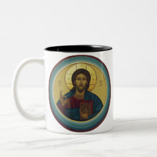 Byzantinisches Christus Pantokrator Rundmosaik Kun Zweifarbige Tasse