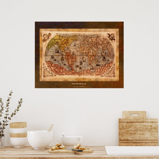 c1490 Antique World Map Art w Bio Grenze Poster (Küche)