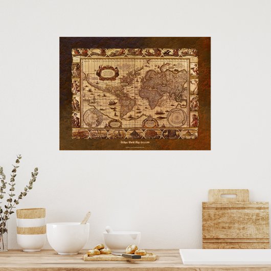c1499 Antique World Map Art w Bio Grenze Poster (Küche)