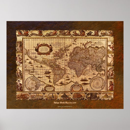 c1499 Antique World Map Art w Bio Grenze Poster (Vorne)