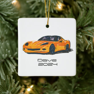C6 Corvette Sportwagen Orange Handgezeichnete Skiz Keramikornament