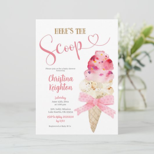C6 Pink Ribbon Girl Ice Cream Baby Dusche Einladung (Stehend Vorderseite)