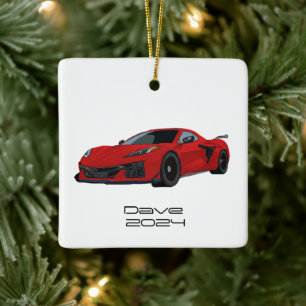 C8 Corvette Sportwagen Torch Red Hand gezeichnet Keramikornament