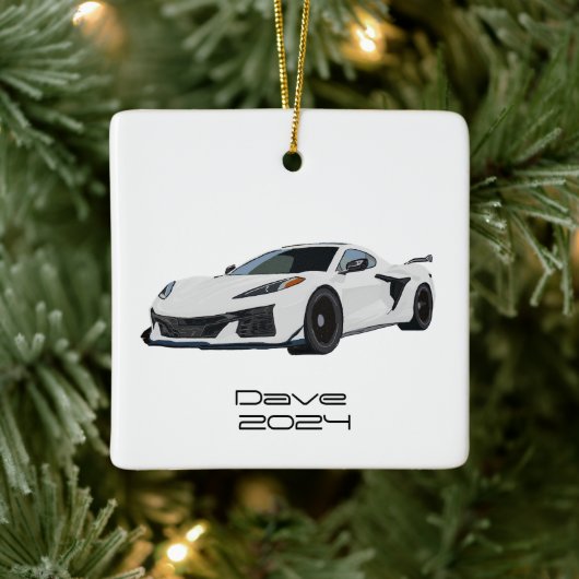 C8 Corvette Sportwagen Weiße Hand gezeichnet Keramikornament (Baum)