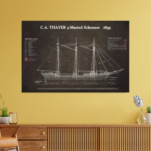 C.A. THAYER 3-Mastered Schooner Blueprint 1895 Leinwanddruck (Insitu (Wohnzimmer))